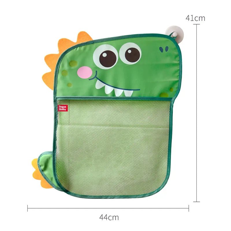 Green dinosaur-shaped pouch with mesh pocket and measurements.