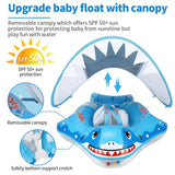 Baby float with shark design and canopy, featuring SPF 50+ sun protection.