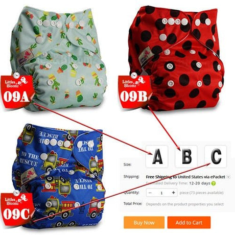 Three colorful cloth diapers with labels and product details