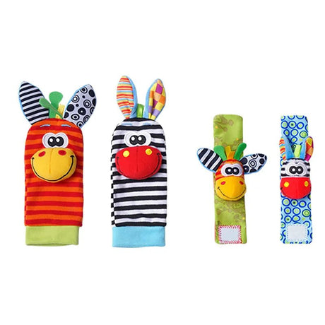 Set of colorful baby rattle toys with animal designs.