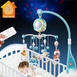 Baby crib mobile with toys and a remote control, featuring the Mini Tudou brand.
