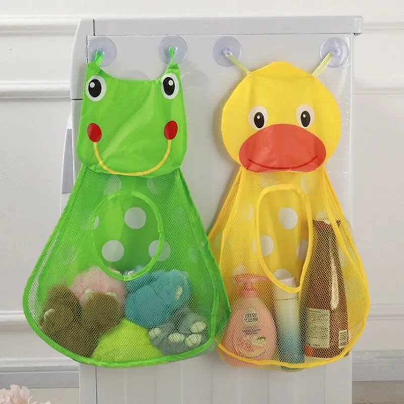 Two mesh bags shaped like a green frog and yellow duck hanging.