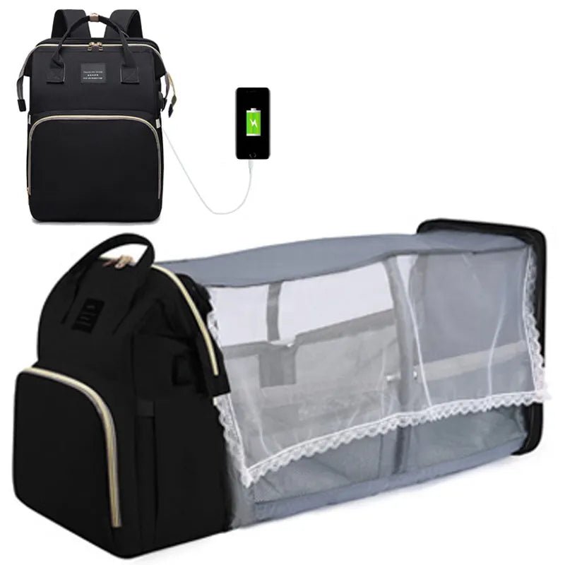Black backpack with mesh compartment and USB cable