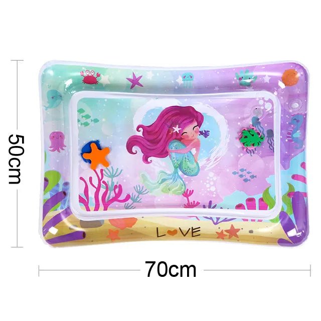 Inflatable play mat with mermaid design and measurements.