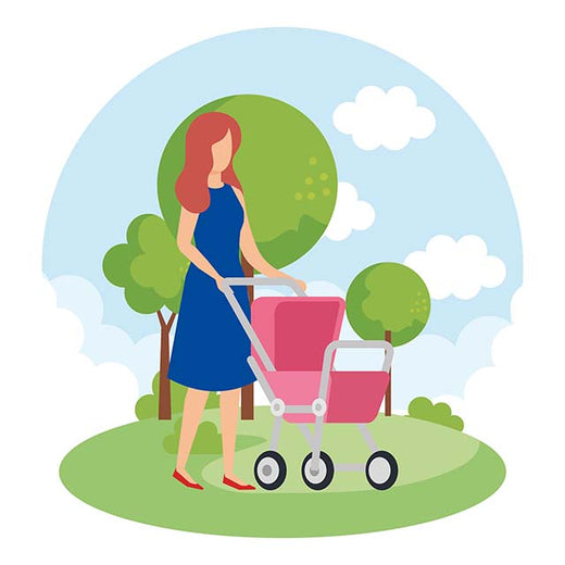 Illustration of a woman pushing a pink stroller in a park setting
