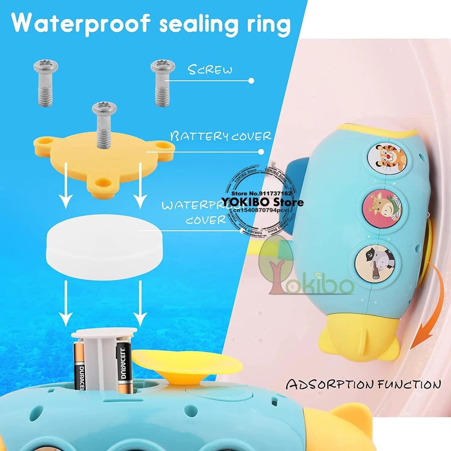 Diagram of a toy's components with waterproof sealing ring feature, featuring Yokibo branding.
