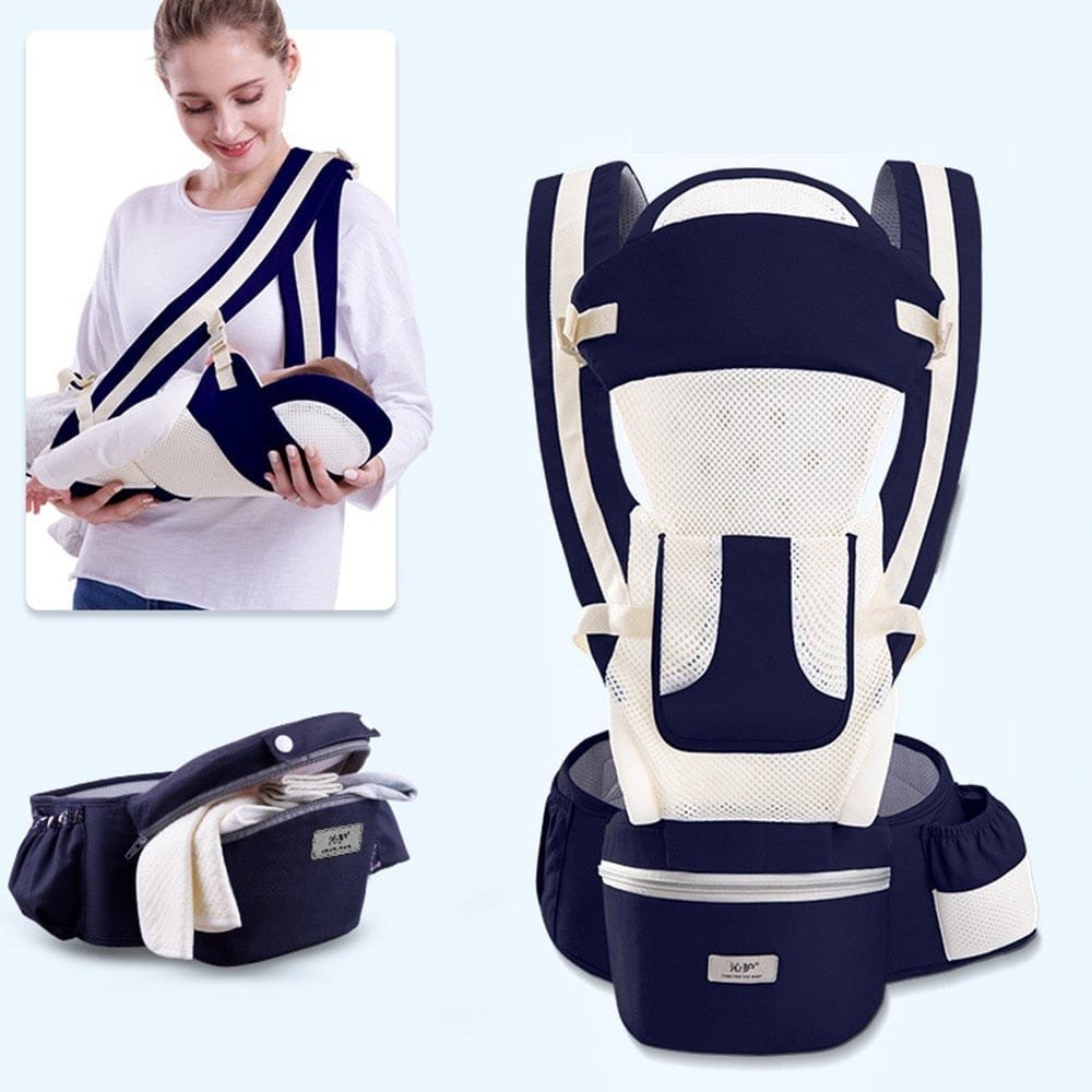 Baby carrier with a woman holding a baby, showing different angles on a white background.