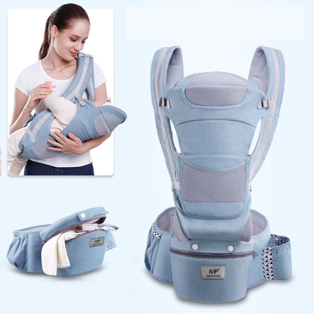 Baby carrier with a woman holding a baby, on a white background