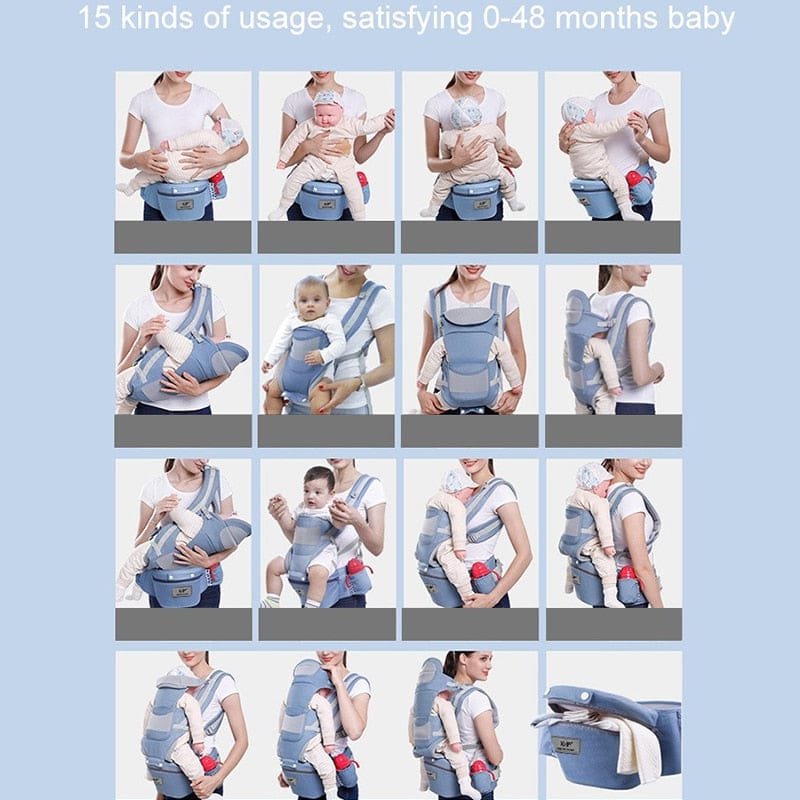 Baby carrier with various usage demonstrations on a light blue background