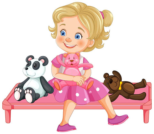 Cartoon girl sitting on a bed with teddy bears and a panda toy.