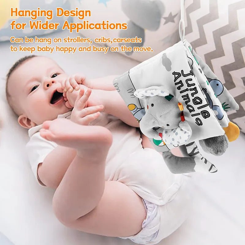 Baby lying on a blanket with a hanging baby toy and text about its applications.