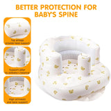 Baby seat with teddy bear pattern and text about better protection for baby's spine.
