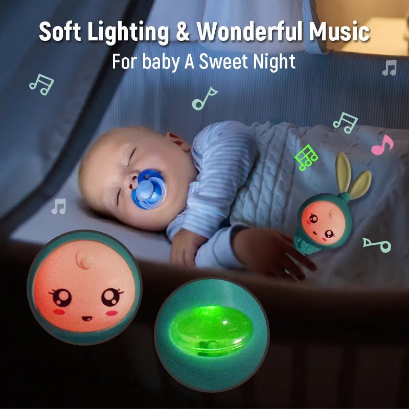 Baby sleeping with soft lighting and music toys in a crib