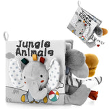 Baby soft book with jungle animals theme and plush toys on a white background