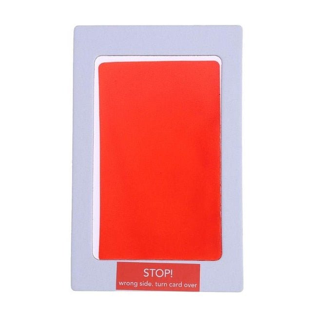 Red imprint card with 'STOP!' text.