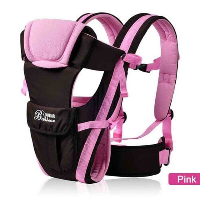 Black and pink baby carrier with visible brand logo .