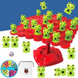 Frog jumping game set with green frogs, red platform, and dice.