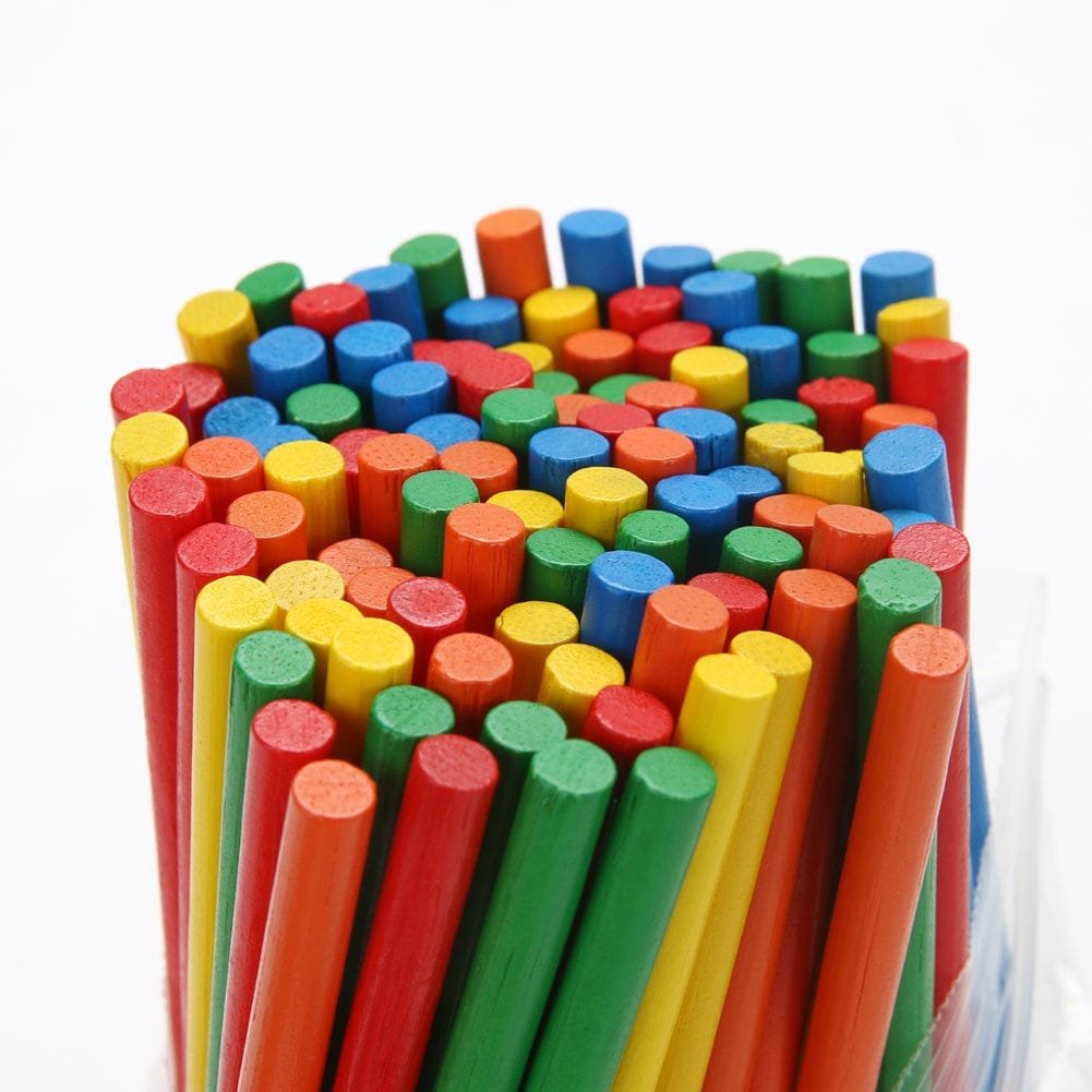 Colorful wooden sticks in a clear plastic container