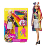 Barbie doll with colorful hair and packaging.