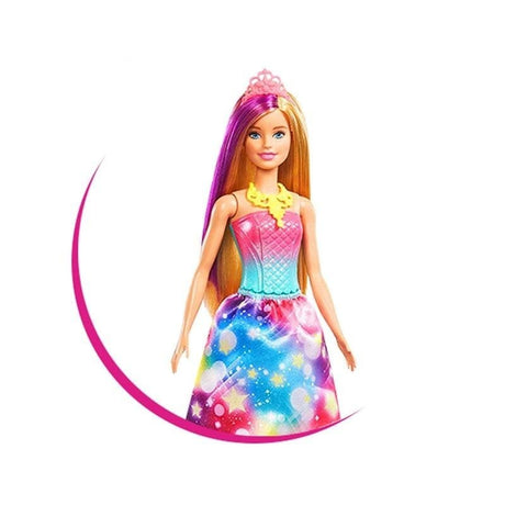 Barbie doll with a colorful dress and tiara.