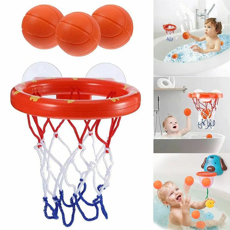 Collage of bath toys including basketballs and a basketball hoop with children playing in a bathtub.