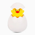 Yellow rubber duck in a white egg.