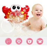 Baby playing with a bubble-making crab toy in a bathtub filled with bubbles.