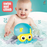 Baby playing with a blue and yellow octopus toy in water, with 'swim and climb' text above.