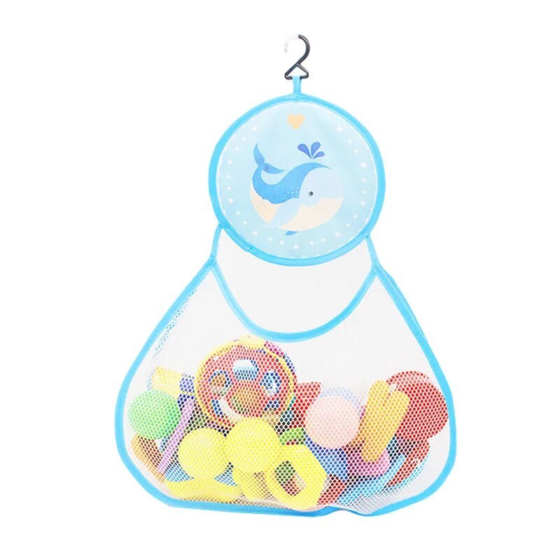 Mesh storage bag with colorful toys and whale design