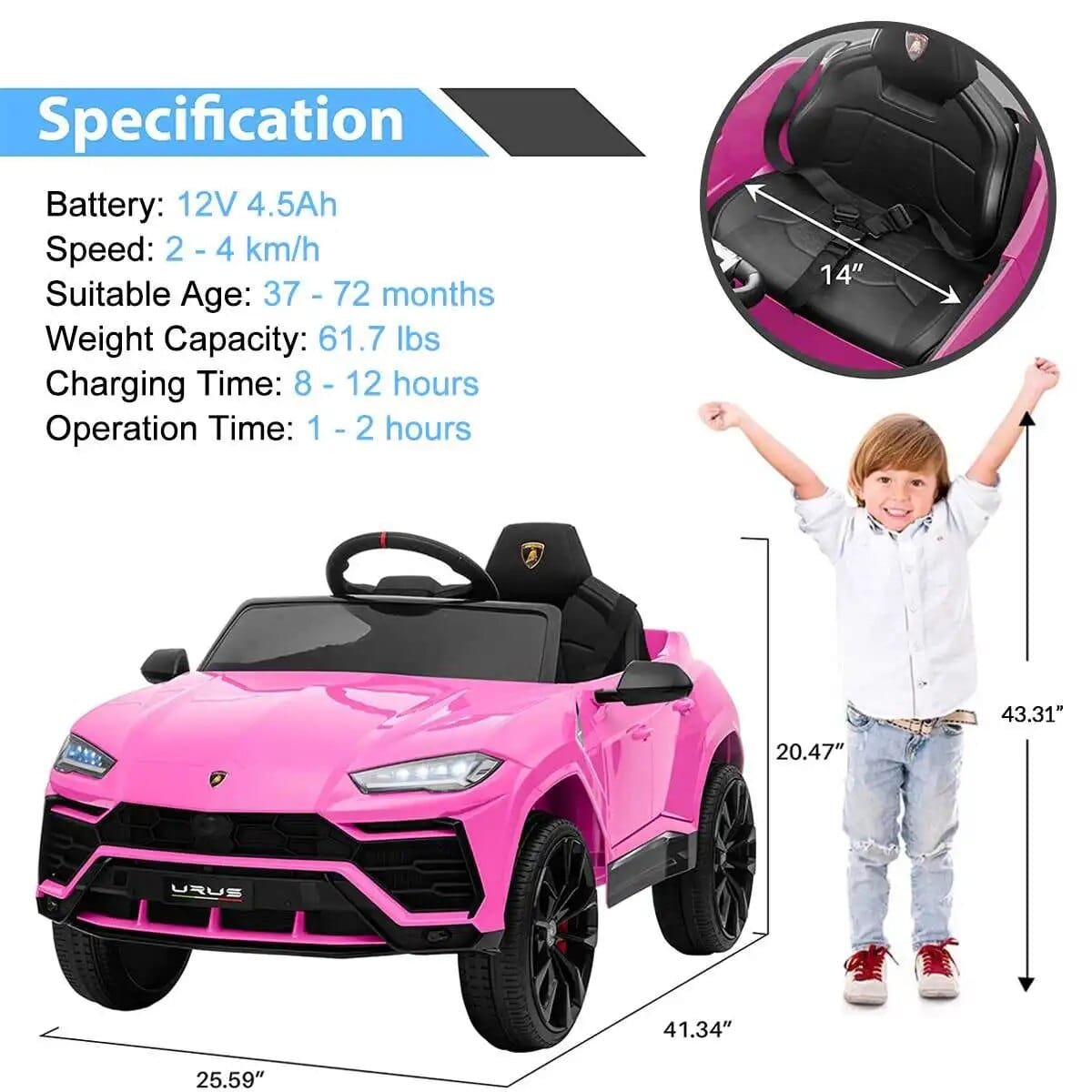 Pink children's toy car with specifications.