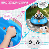 Children's inflatable bumper car with joystick control and parental remote control features.