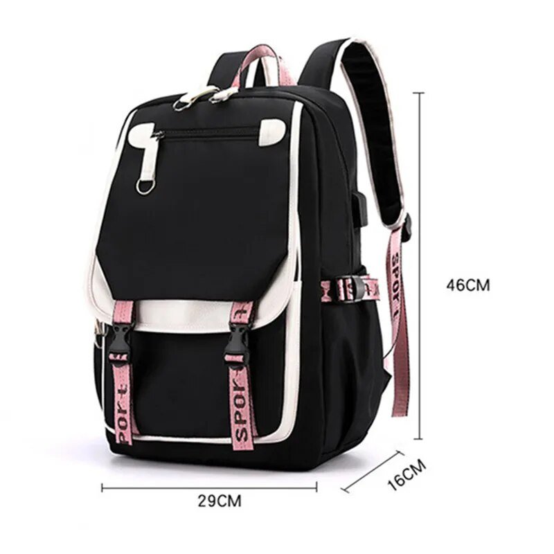 Black backpack with pink accents and measurements.