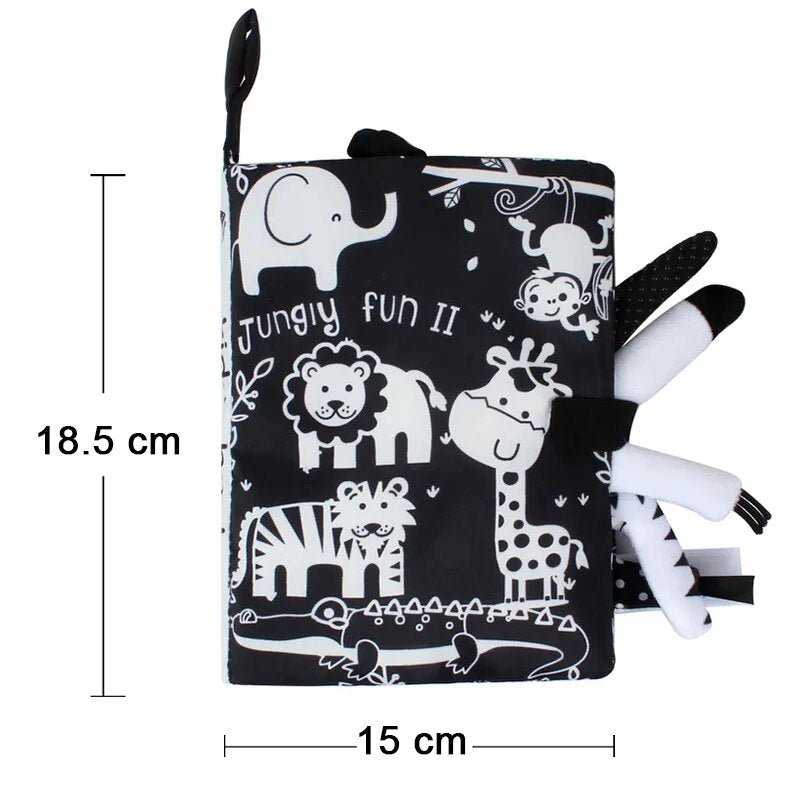 Black and white soft book with jungle animal illustrations and measurements on a white background