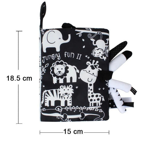 Black and white soft book with jungle animal illustrations and measurements on a white background