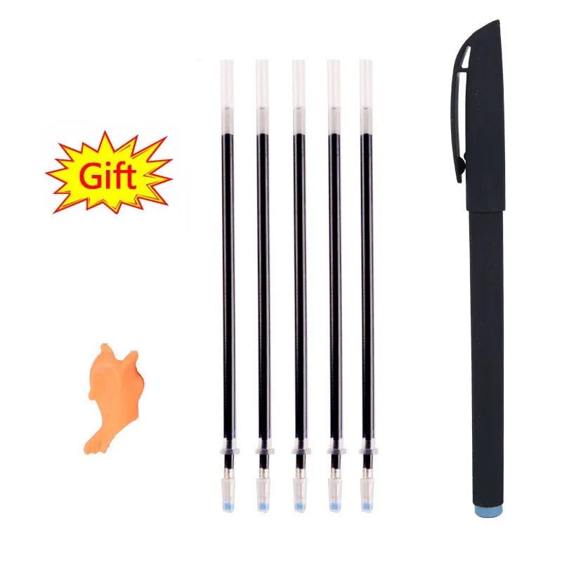 Black pen with four replacement cartridges and a small orange object on a white background