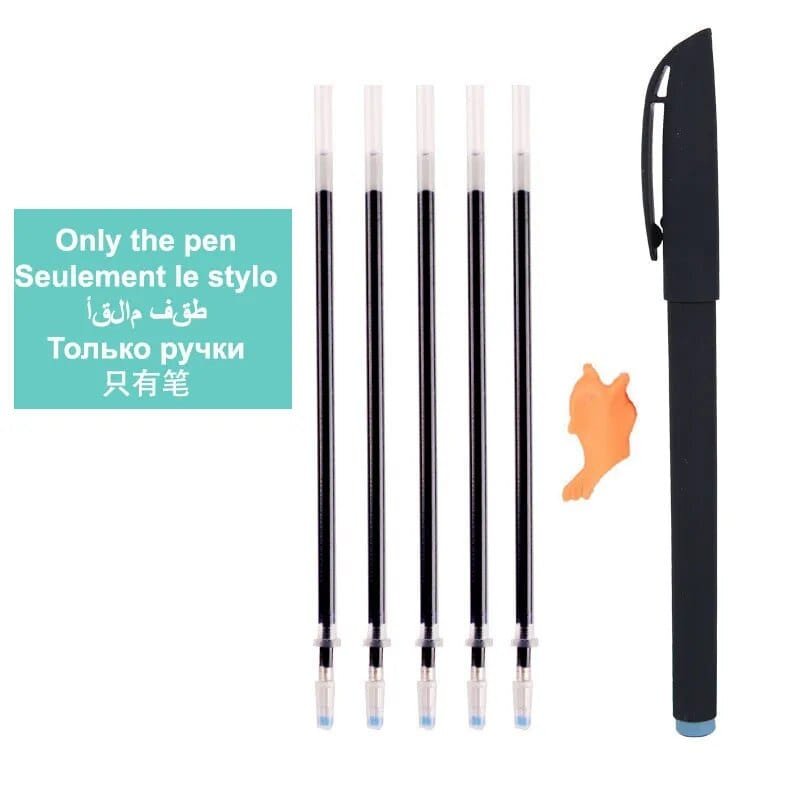 Black pen with four replacement cartridges on a white background