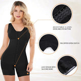 Black shapewear bodysuit with features highlighted on a white background