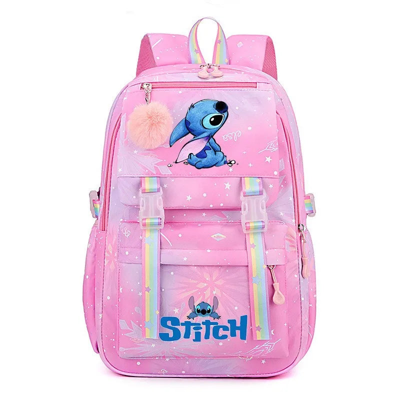 Pink backpack with a cartoon character.