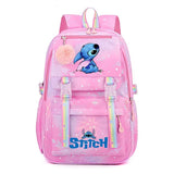 Pink backpack with a cartoon character.