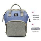 Blue and gray backpack with stroller straps and changing pad on a white background