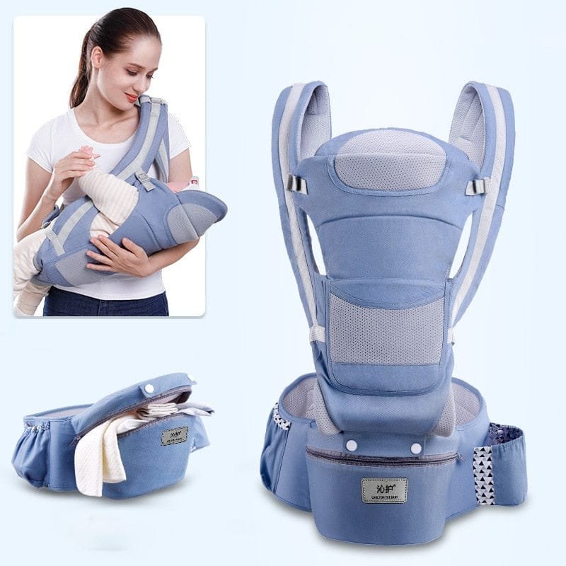 Blue baby carrier with a woman holding a baby in it on a light blue background