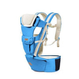 Blue baby carrier with beige straps on a white background