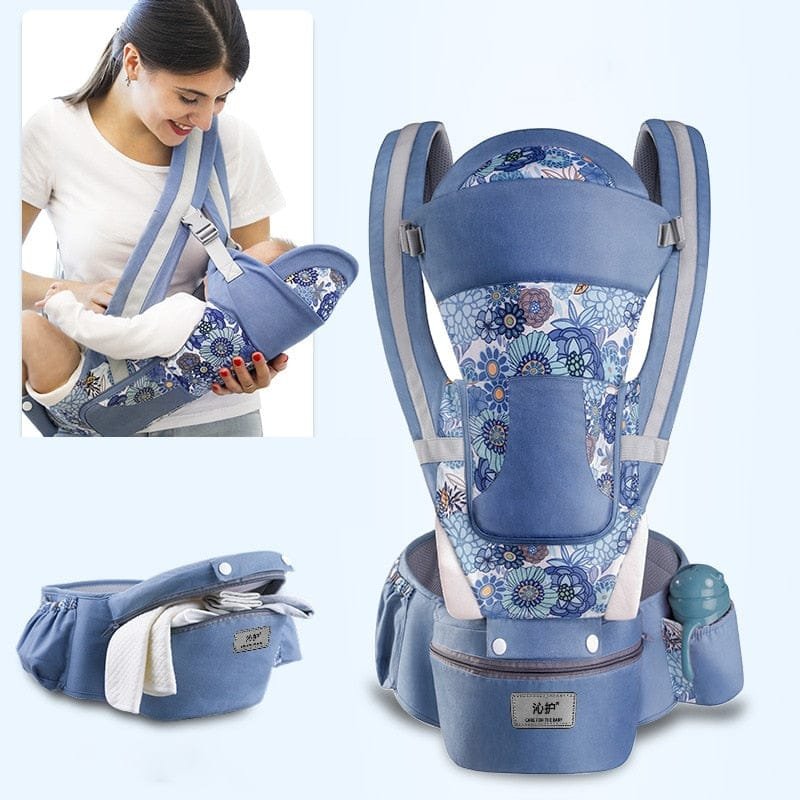 Blue baby carrier with floral pattern on a white background