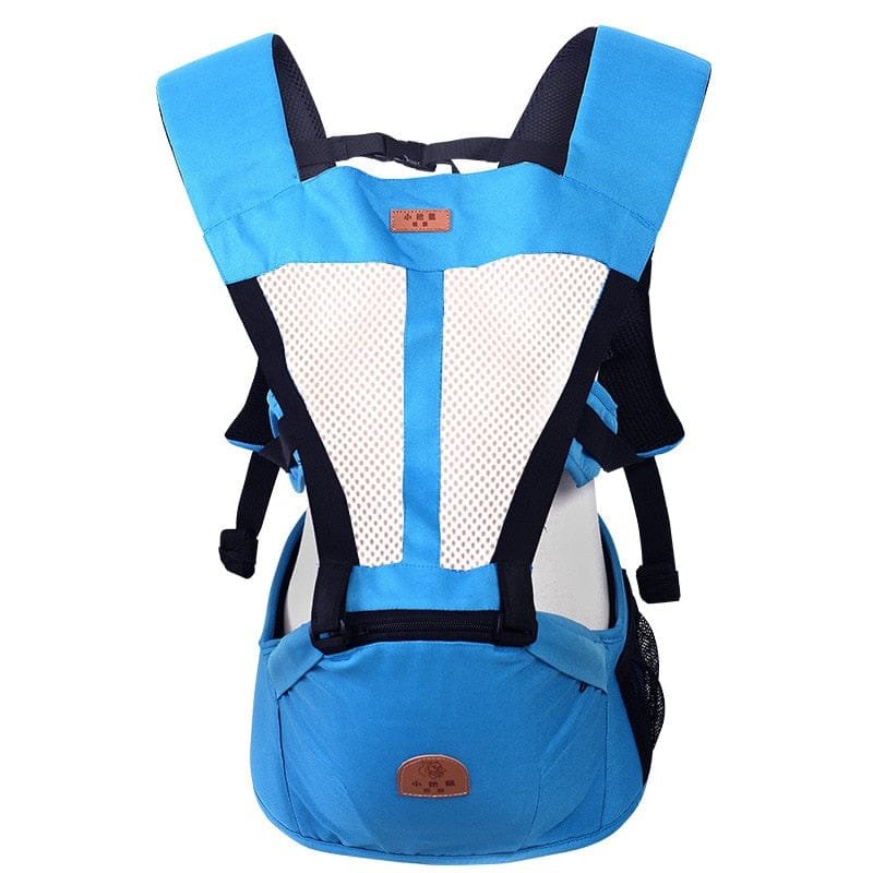 Blue baby carrier with mesh back on a white background