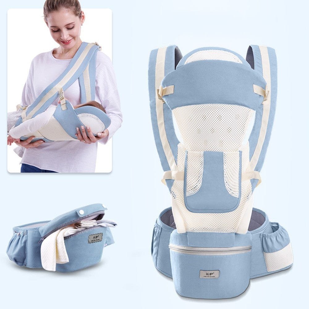 Blue baby carrier with straps and a close-up of a woman holding a baby, on a light blue background.