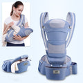 Blue baby carrier with a woman holding a baby in it on a light blue background