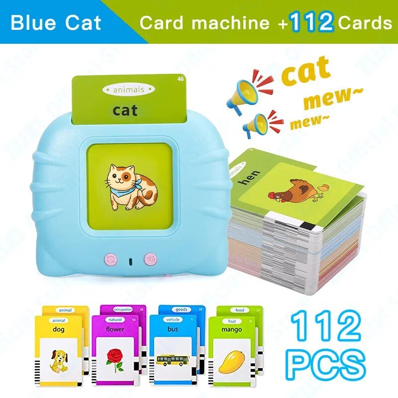 Blue card machine with cat illustration and 112 cards on a white background