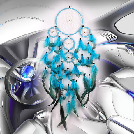 Blue and white dreamcatcher on a futuristic car interior