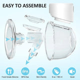 Breast pump parts with assembly instructions and features on a light blue background