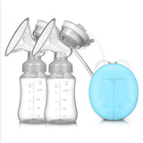 Breast pump with two bottles and a blue pouch on a white background